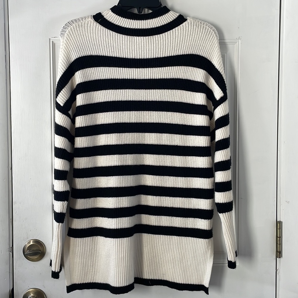 Philosophy Mock Neck Black and White Color blocked Striped Sweater, Small - Picture 2 of 8